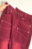 Street Streetwear Baggy Jeans Women Denim Trousers High Waist Y2k Vintage Washed Distressed Wide Leg Mopping Red Pants