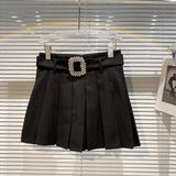2022 Spring Summer New Arrival High Waist Rhinestone Buckle Belt Short Mini Pleated Skirt Women