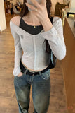 Spice Girls Embroidered Shoulder-Exposed Fake Two Pieces Of Sling Thin Style Long-Sleeved Sweater New Style Short Blouse For Women In Early