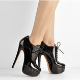 Onlymaker Women's Black Red Platform Ankle Boots High Heels Lace Up Patent leather Stiletto Sexy Lady Fashion Sexy