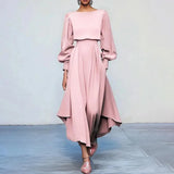 Women's Round Neck Long Sleeves Pure Dress Dress Tight Waist