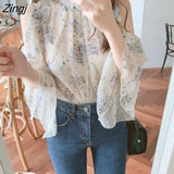Off Shoulder Floral Blouses Women Summer Elegant Office Lady Chiffon Shirt Korean Fashion Long Sleeve Tops Blusas