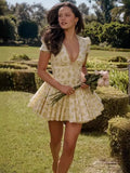 High-End Women's New Sexy Deep V Short-Sleeved Floral Dress Sweet Temperament Fluffy Holiday Dress