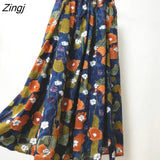 Stripe Cotton Linen Skirts Women Summer Elastic High Waist Pleated Midi Skirt Loose Casual A-Line Beach Boho Skirt
