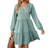 Zingj Autumn And Winter New V Collar Small Twist Pure Color Long Sleeve Loose Casual Dress Female-Outfit
