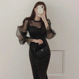 Zingj Chic Early Spring French Niche Round Collar Waist Mesh Stitching Bubble Sleeve Fishtail