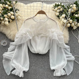 Zingj Sense Irregular Flounce Mesh Shirt Female Spring Autumn Sleeve Fold Small Slim Chic Jacket