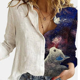 2021 Women Botton Vintage Polo-Neck Office Lady Spring Summer Loose Casual Cartoon Printing T-Shirt Long