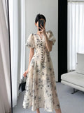 Women Fashion Vintage Casual Midi Print Dress Elegant Lady Vestdios Female A Line Party