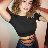 Summer Women Black Short T-Shirts Sexy Crop Tops Short Sleeve Bandage Tee Tops Female Shirts Fashion Woman