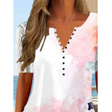 Summer Print Lace Blouse 2023 Women V-neck Loose Hollow Out Short Sleeve Shirt Buttons Long Tops Slim Mujer Ladies