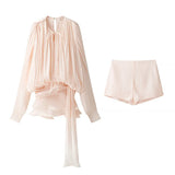 Folding Ribbon Design Loose Waist Mini Dress Shorts Set 2025 Spring And Summer Street Fashion