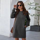 Autumn Winter O Neck Long Sleeve Women's Sweatshirt Dress 2021 New Fashion Solid Loose Pocket Ladies Mini Dress
