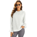 Solid Blouse Fashion Jacquard Stand Neck Long Sleeve Chic Office Work Tops Lady Plus Size Casual Elegant Chiffon