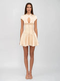 Short Sleeve Satin Hollow Out Mini Dress- Outfit