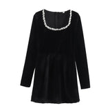 2025 New Women's French Retro Square Collar, Long Sleeve, Slim Nail Bead And Inset Velvet