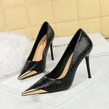 Zingj Retro High Heels Fine Heel Banquet Women Shoes Snake Grain Patent Leather Shallow Mouth Metal Pointed Head High Heel Single
