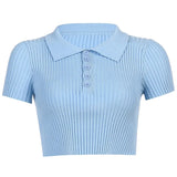 Ribbed Casual Tshirts Cotton Women Summer Short Sleeve Crop T Shirt Ladies Turn-down Collar Solid White Tee