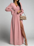 Sexy V Neck Long Sleeve Slit Maxi Dress Women Fashion Pleated A-Line Dress Elegant Solid Elastic Waist Chiffon Long