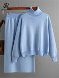 Zingj Women Gentle Knitted Suits Turtleneck Long Sleeve Loose Pullover+Elastic Waist Bodycon Skirt Winter Fashion Solid Sets 211-1-Outfit
