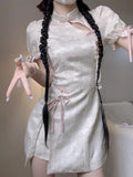Harajuku Cheongsam Dress Women Sweet Floral Bow Bandage Lolita Dresses Y2k Sexy Aesthetic Puff Sleeve Vestido