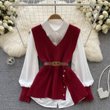 Zingj New Light Ripe Wind Outside Wear Loose Lapel Splicing White Shirt V Collar Diagonal Buckle Knit Vest Two