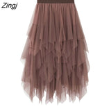 Tulle Skirt Women Elastic High Waist Mesh Midi Skirt Plus Size Elegant Design Pleated Tutu Skirt Female Jupe
