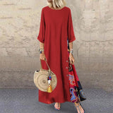 Vintage Maxi Dress Summer Solid O Neck Stitching Printed 3/4 Sleeve Side Buttons Dresses Loose Casual Long Dress Plus