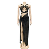 Sexy Black Mesh Glitter Crystal Maxi Dress Women Strap Hollow Out Side High Split Night Clubwear Long Dress