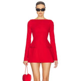 Solid Long Sleeve Bow Mini Dress-Outfit