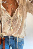 Lace Chiffon Blouse Women's Shirt 2023 Autumn Lace Blouse Casual Loose Tops Office Lady See Through Clothing