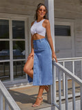 Side Slit Buttoned Denim Midi Skir- Outfit