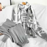 Women Knited Letter Sweater + Pants + Cape Long Scarf 3PCS Suits Knit Pullovers Cappa Wraps Wide Leg Trousers