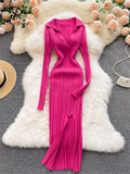 Women Korean Knitted Dress Long Sleeve V Neck Elastic Slim Pencil Dresses 2023 Autumn Sexy Bodycon Split Sweater