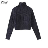 New Women Fashion High Collar Twist Crochet Short Knitting Sweater Female Chic Long Sleeve Cropped Pullovers Tops