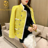 New Fashion Women Stand Collar Plaid Yellow Tweed Jacket Pearls Double Breasted Vintage Elegant Ladies Tassels Twill