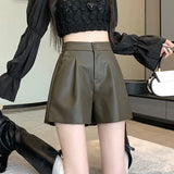 Korean Version Of High Waist Wash Water Leather Pants Wide Leg Shorts Women's Spring 2025 New Loose Show Thin And Versatile Casual Pants-Outfit
