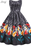 Summer Vintage Dress Women Spaghetti Strap Floral Print High Waist Elegant Sleeveless A-Line Party Midi Dress Robe