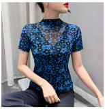 Autumn Mesh Tshirts Women Short Sleeve Half Turtleneck Printed Floral Tees Girls Slim Elastic T Shirts Tops