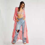 Red Bohemian Striped Half Sleeve Kimono Dress Plus Size Elegant Women Clothing Chiffon Beach Pool Party Dres