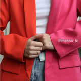 Women Office Lady Blazer Pink and Red Contrast Color Long Sleeve Blazer Coat Vintage Pockets Outerwear Autumn Tops