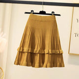 Knit Solid Elastic High Waist Ruffles Pleated Midi Skirt- Outfit