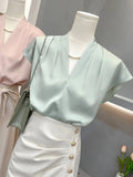 Zingj Sense Of Satin Acetic Acid Shirt Female Design Sense Niche V-Neck Solid Color French Small Flying Sleeve Summer Top