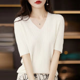 Zingj The Summer Of 2023, Women's Knit Short Sleeve Korean V-Neck Solid Color T-Shirt And A Pit Top-Outfit
