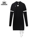 Vintage Black Dress Cheongsam Collar Hollow Out Puff Short Sleeve Casual Fashion High Waist Slit Short Skirt Ladies