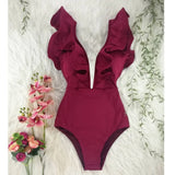 New Sexy One Piece Swimsuit Solid Backless Push Up Swimwear Women Ruffle Swimsuit Bodysuit Bathing Suit Beach Wear
