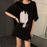 2022 Women's Hole Printed Short Sleeve Harajuku Streetwear Oversized Tee T Shirt Casual Loose All-match Basic Top