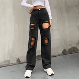Hole Ripped Black Woman Distressed Jeans Casual Hip Hop High Waist Pants Capris Pocket Straight Denim Trousers