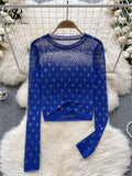 Letter Beadings Women Blouse O Neck Long Sleeves 2023 Autumn Fashion Senior Streetwear Hotsweet T Shirt Sheer Y2K