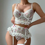 White Mesh Floral Print Lingerie Set- Outfit